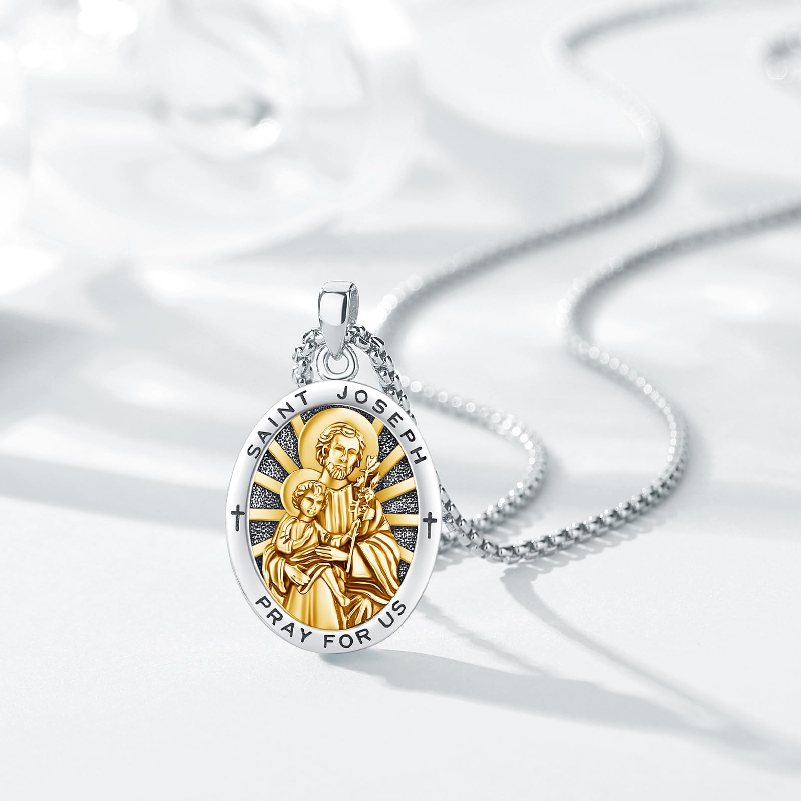 DRINSPER St Joseph Necklace 925 Sterling Silver Pendant Saint Joseph the Foster Father of Jesus Christ Patron Saint of Carpenter and Family Daily Wear Silver Jewelry Religious Protection Amulet Gift for Men