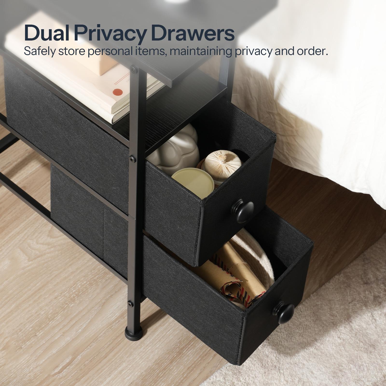 HOOBRO End Table with Charging Station, Narrow Side Table with 2 Fabric Drawers, Skinny Nightstand with Storage, Slim Bedside Table for Bedroom, Living Room, Small Spaces, Black