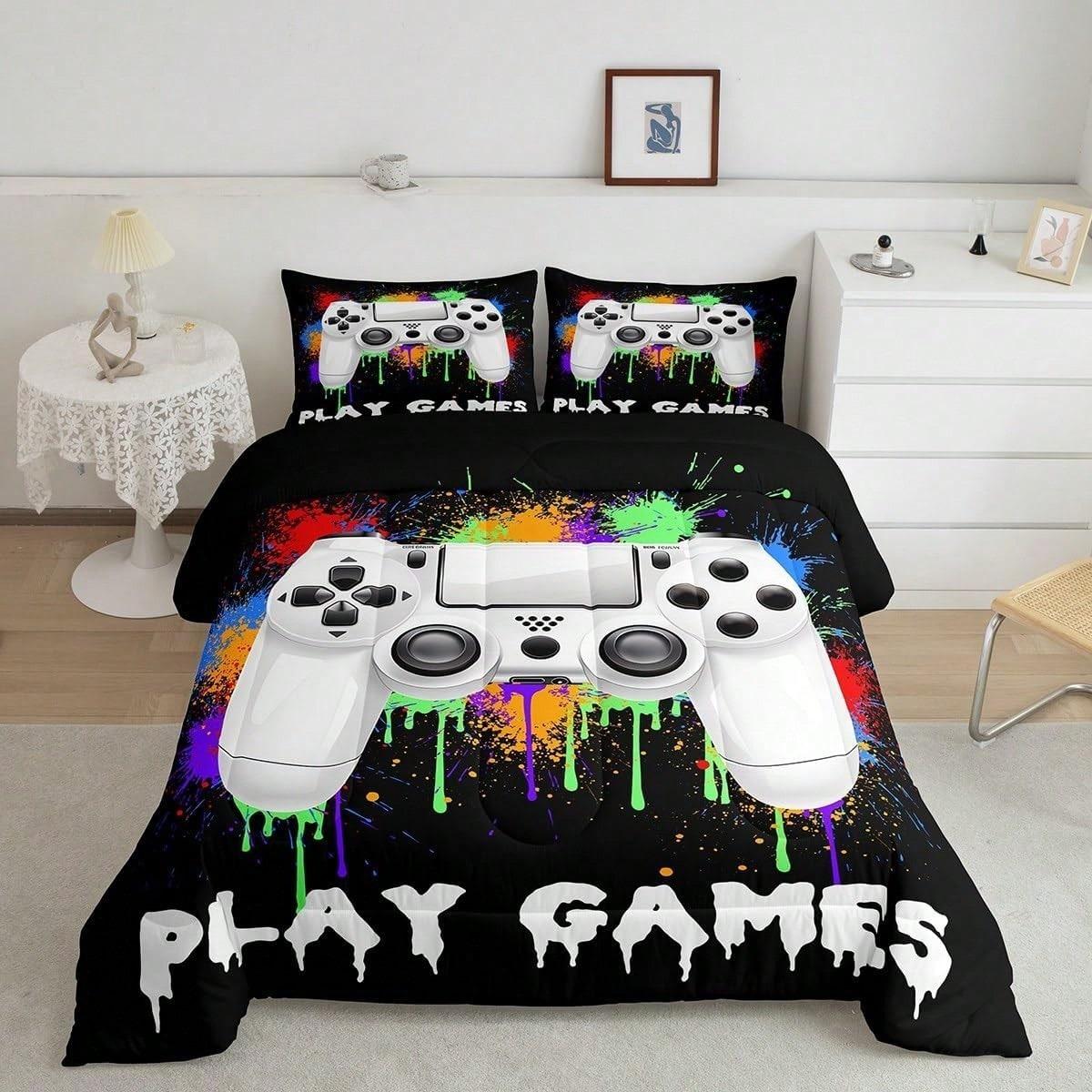 3-Piece Universal Game Theme Quilt Set for Men and Women - Soft, Lightweight, Breathable, 200gcm Quilted Filler, Includes 1 Quilt and 2 Pillowcases (Excluding Pillow Core) Bedroom Dormitory Air Conditioning Room Game Enthusiasts Gift Universal
