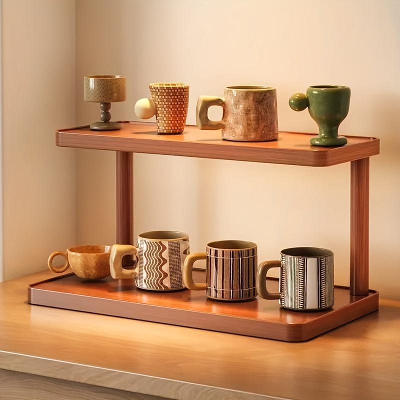 A multi-layer coffee cup rack | Wooden smooth surface storage rack, suitable for kitchen, living room, desk, small potted plant placement, floor-standing shelf, Beverage Organizer