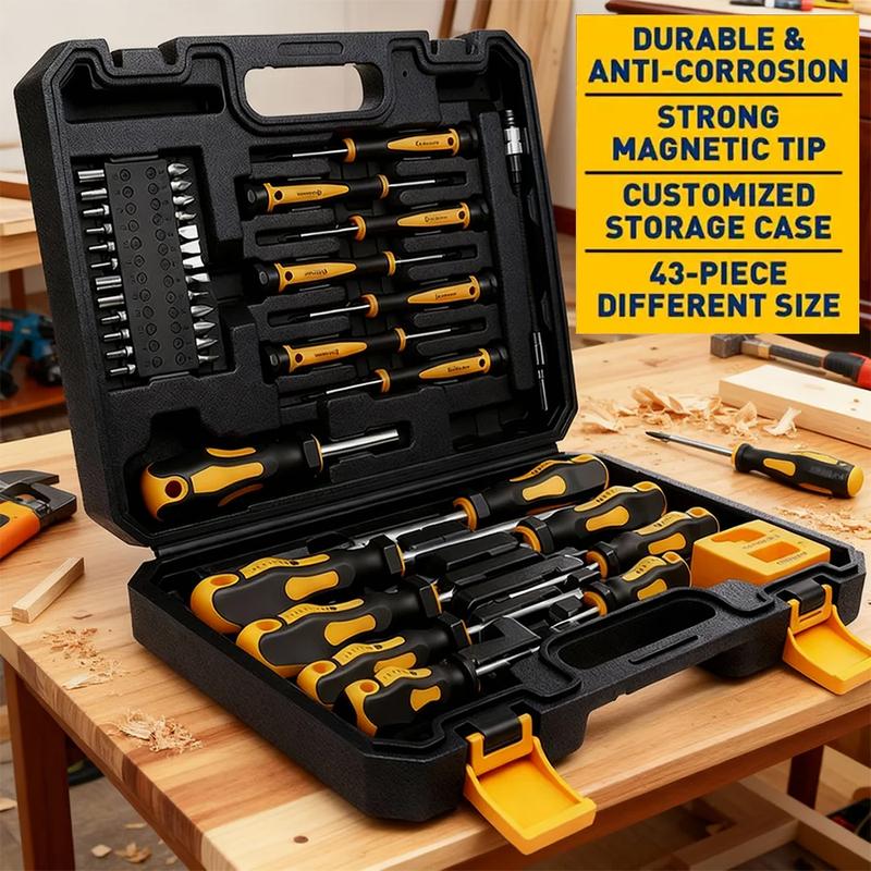 43pcs Magnetic Screwdriver Set, Including Slotted, Phillips, Hexagonal, Pozidriv, Magnetizer, Demagnetizer, Replaceable Screwdriver Bits and Sturdy Tool Case for DIY and Repair Work