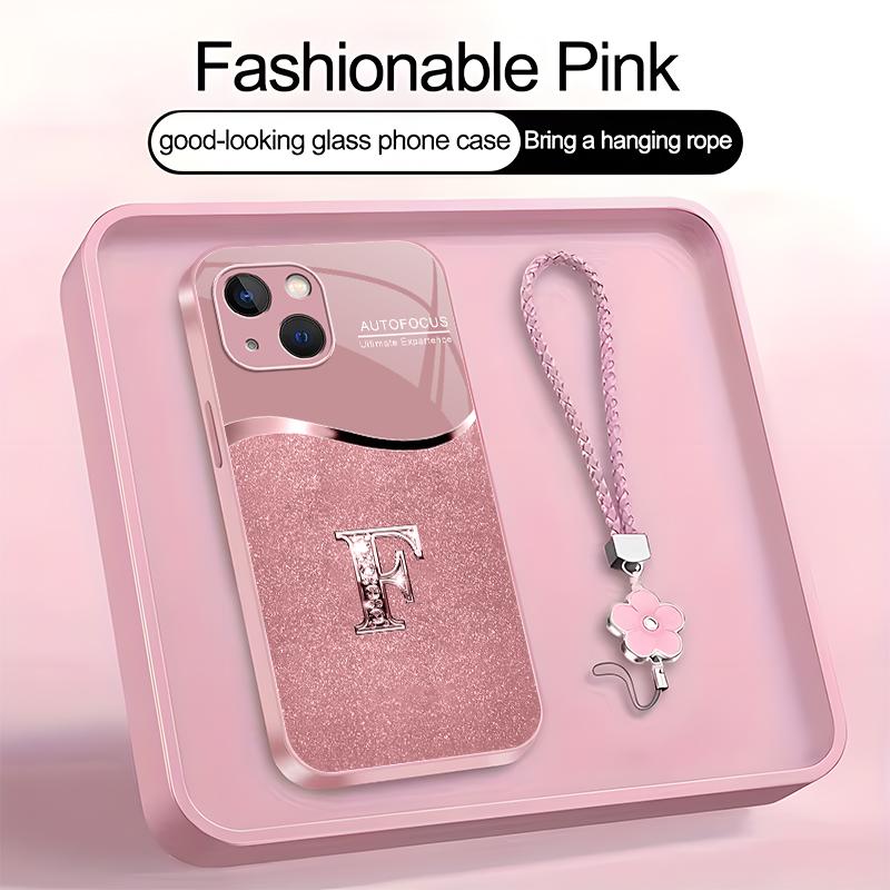 Luxury Pink Phone Case with Lanyard Initial Letter A-Z Cover for iPhone 15 Plus --975