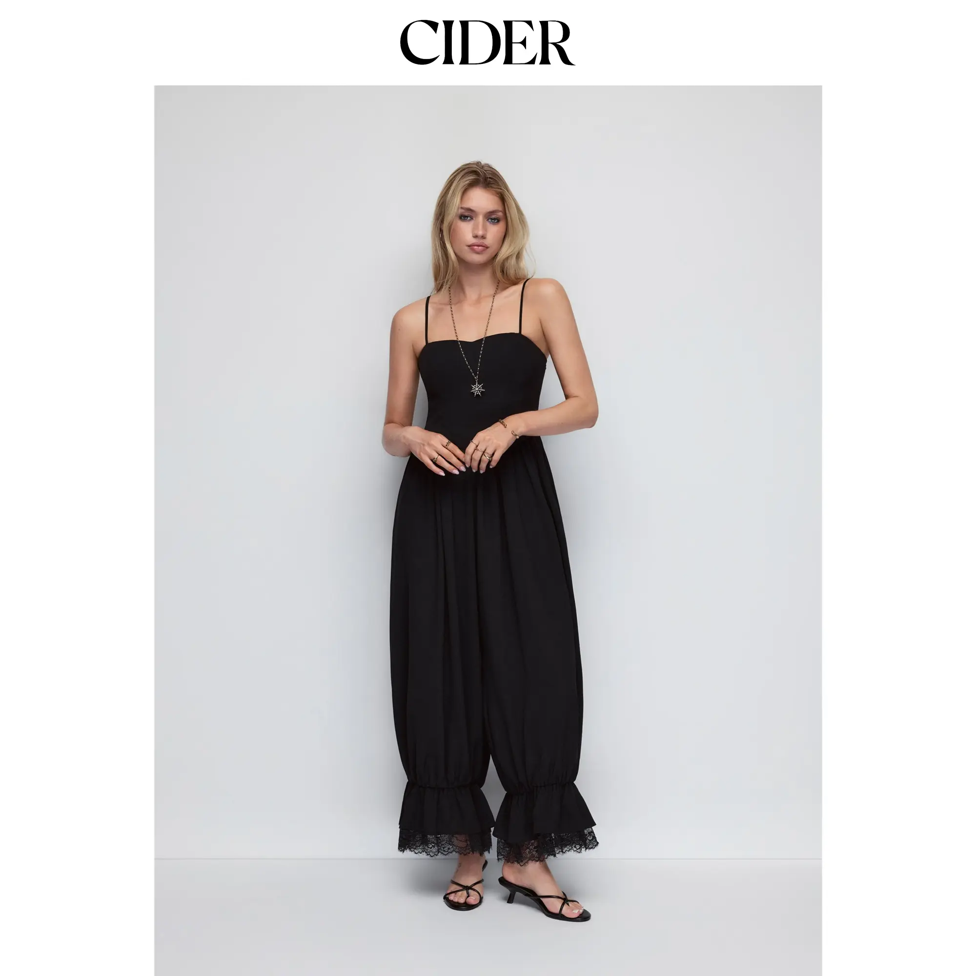 Cider Sweetheart Neck Mid Rise Lace Trim Ruffle Hem Jogger Jumpsuit