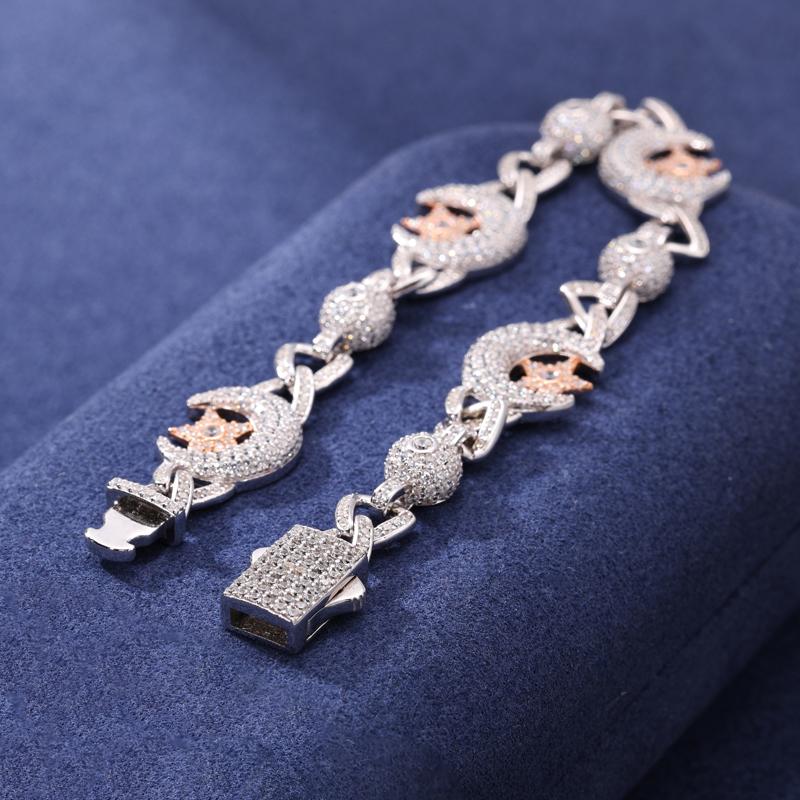 【#B241】925 Sterling Silver Inlaid With Shiny Synthetic Moissanite Chain Bracelet Star and Moon Bracelet Exquisite Jewelry Men's Hip-Hop Rap Punk Bracelet Gift