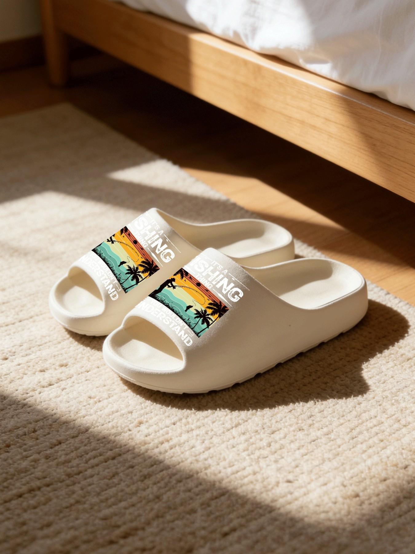 1 Pair Fishing Themed Letter Printed Thick Sole Slippers, American Retro Outdoor Style, Non-slip Soft Sole Open Toe Slides, Indoor & Outdoor Dual-use Bathroom Slides