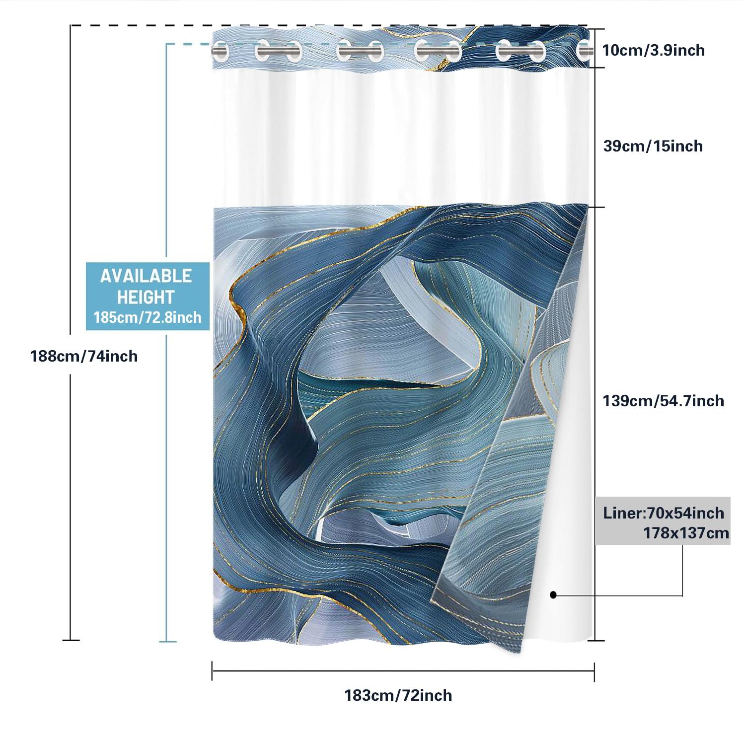 1PC double-layer large ring shower curtain, blue wavy line interwoven pattern, shower curtain, high-end quick drying hanging curtain, bathroom, curtain, waterproof, mildew proof curtain