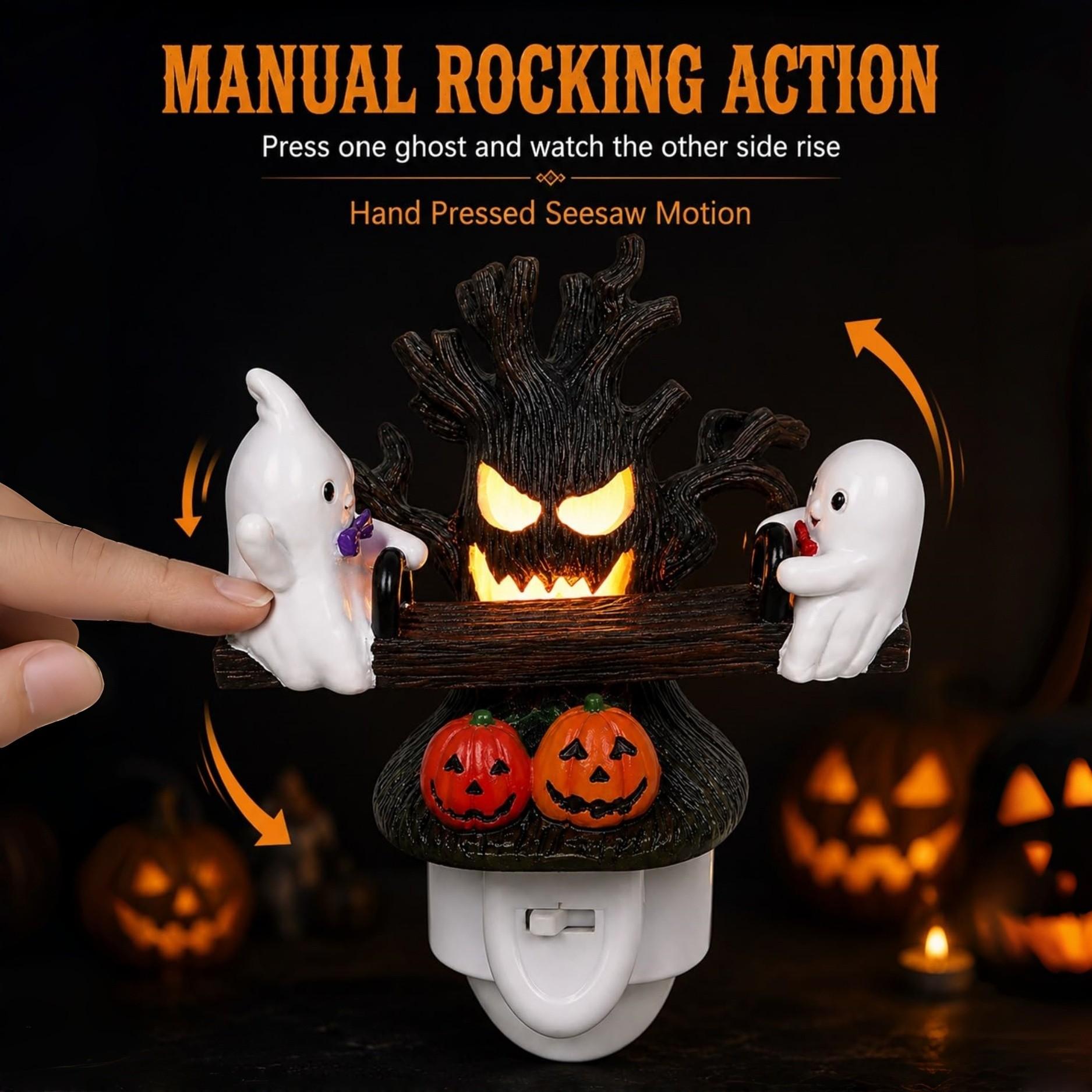 Friendly Ghosts Move up and Down for Playful Halloween Charm, Animated Seesaw Ghost Night Light, Holiday Decoration Lights, Festive Decoration, Manual Press Rocker Plug in Resin Wall Decor Glowing Tree Face Pumpkin Bedroom