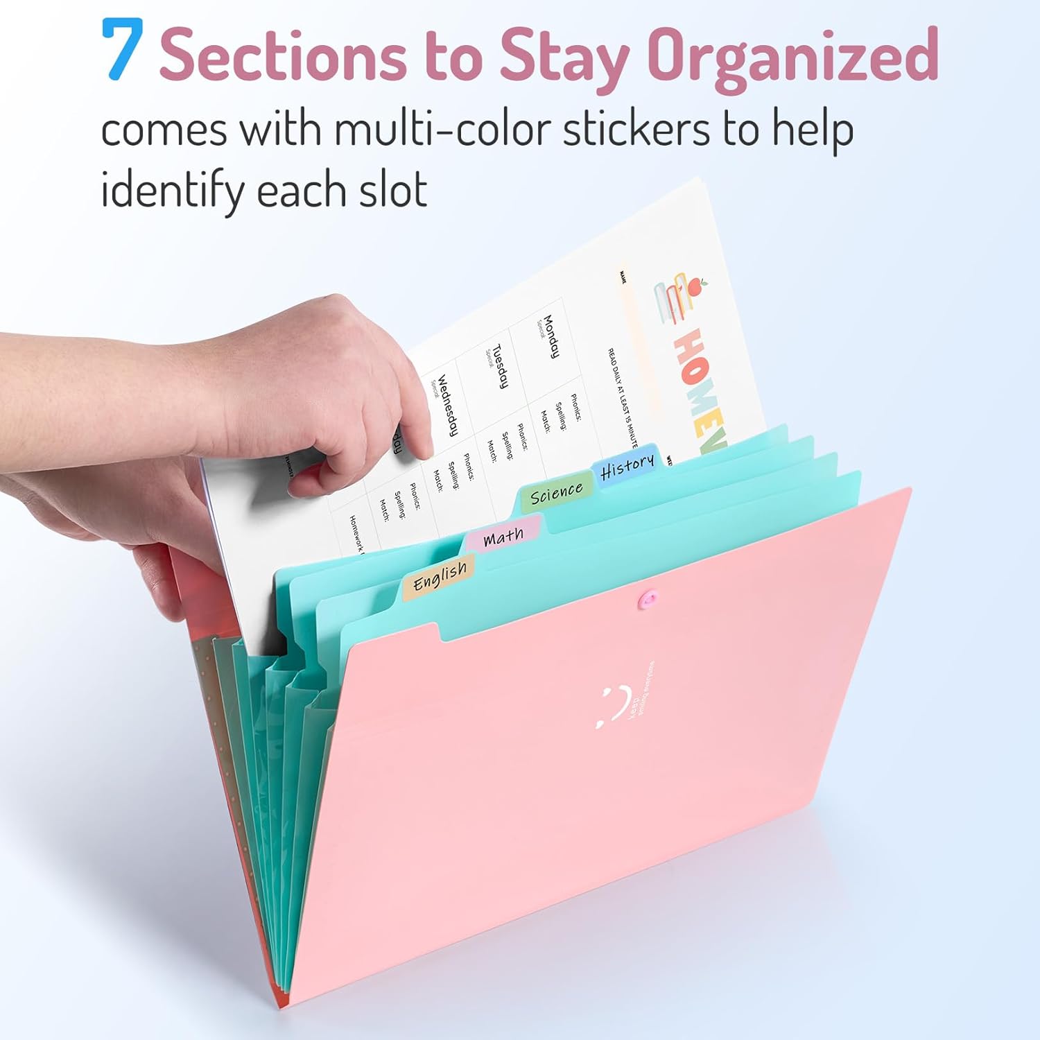 Accordion File Organizer, Letter Size, 7 Pocket Expanding File Folder, Cute File Folder with Labels, Portable File Organizer for School Office Supplies, Folders for Documents, Jade