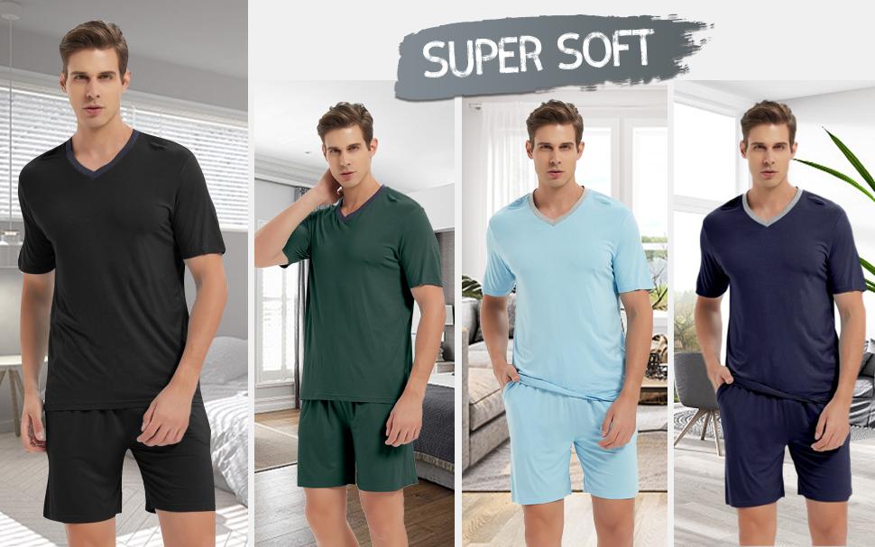 MoFiz Mens Pajama Set Summer Pjs Sleepwear Nightwear Lightweight Quick Dry Soft Short Sleeve V-Neck Pjs Sleep Set With Pocket