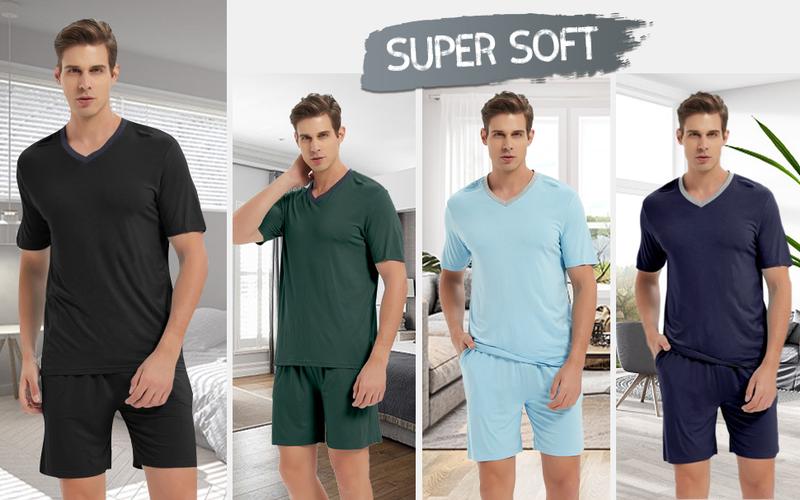 MoFiz Mens Pajama Set Summer Pjs Sleepwear Nightwear Lightweight Quick Dry Soft Short Sleeve V-Neck Pjs Sleep Set With Pocket