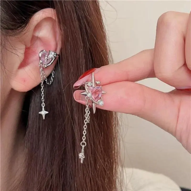 2023 new Sweet Cool Cute Pink Rhinestone Love Heart Earings Elegant Cross Star Planet Tassel Earrings Fake Piercing for Women