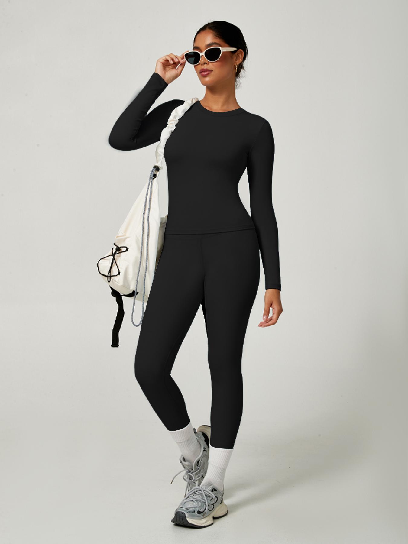 Women's Sporty Solid Color Top & Pants Set, Comfortable Tee & Slim Fit Leggings, Ideal for Daily Yoga & Fitness Activities, Skinny Sportswear