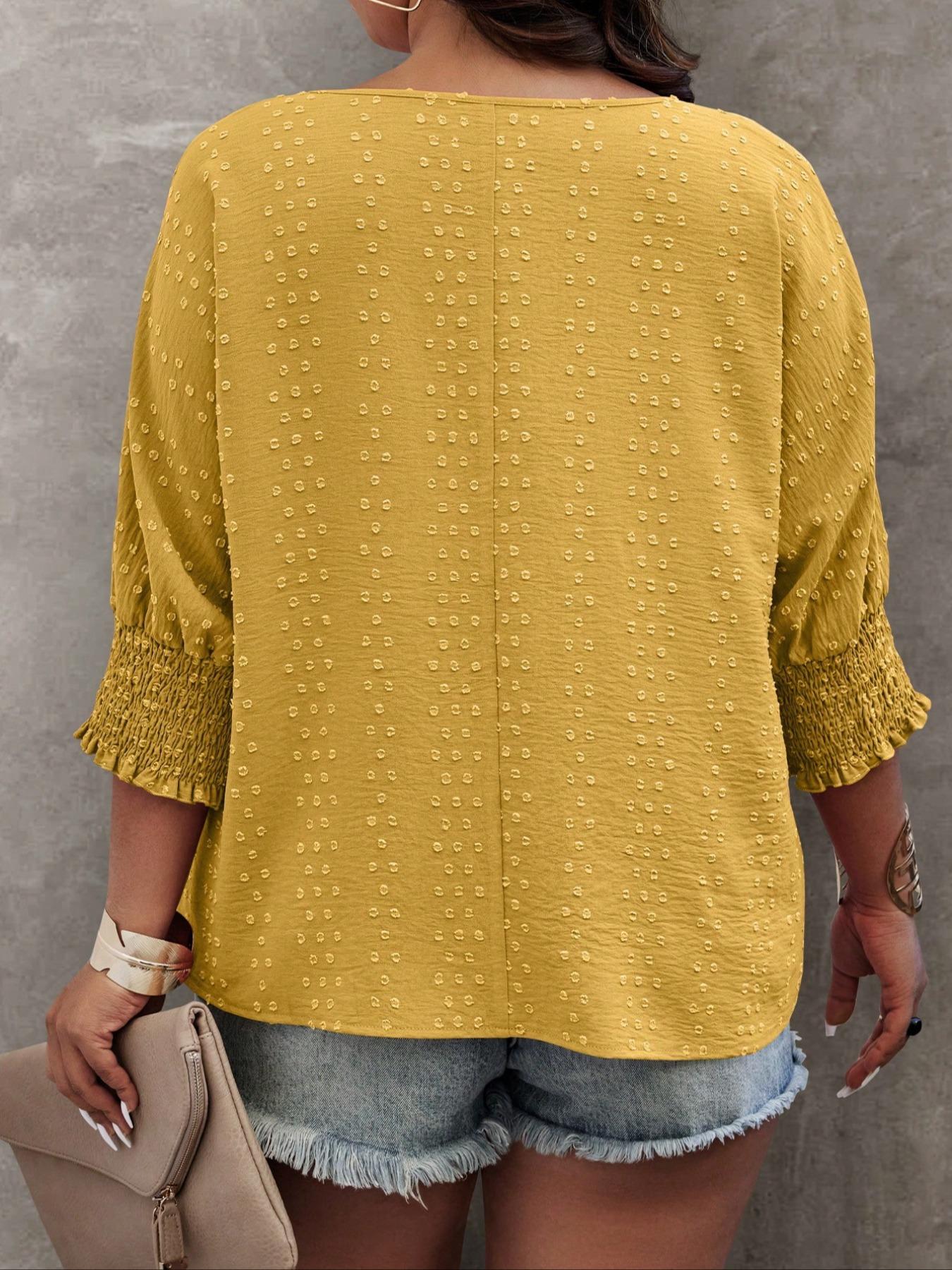 【 Plus Size】 Solid Embroidery Blouse, Casual Basic Round Neck Top for Daily Wear, Women's Clothing for All Seasons, Womenswear
