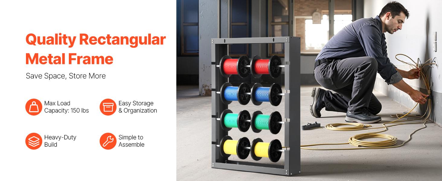 VEVOR Wire Spool Rack, 4 Adjustable Rods, Cold-Rolled Steel Wire Spool Holder Wall Mounted for Multi-Spools, Wiring Storage, 150 lbs Capacity Cable Dispenser, for Electrical Industrial Retail Use
