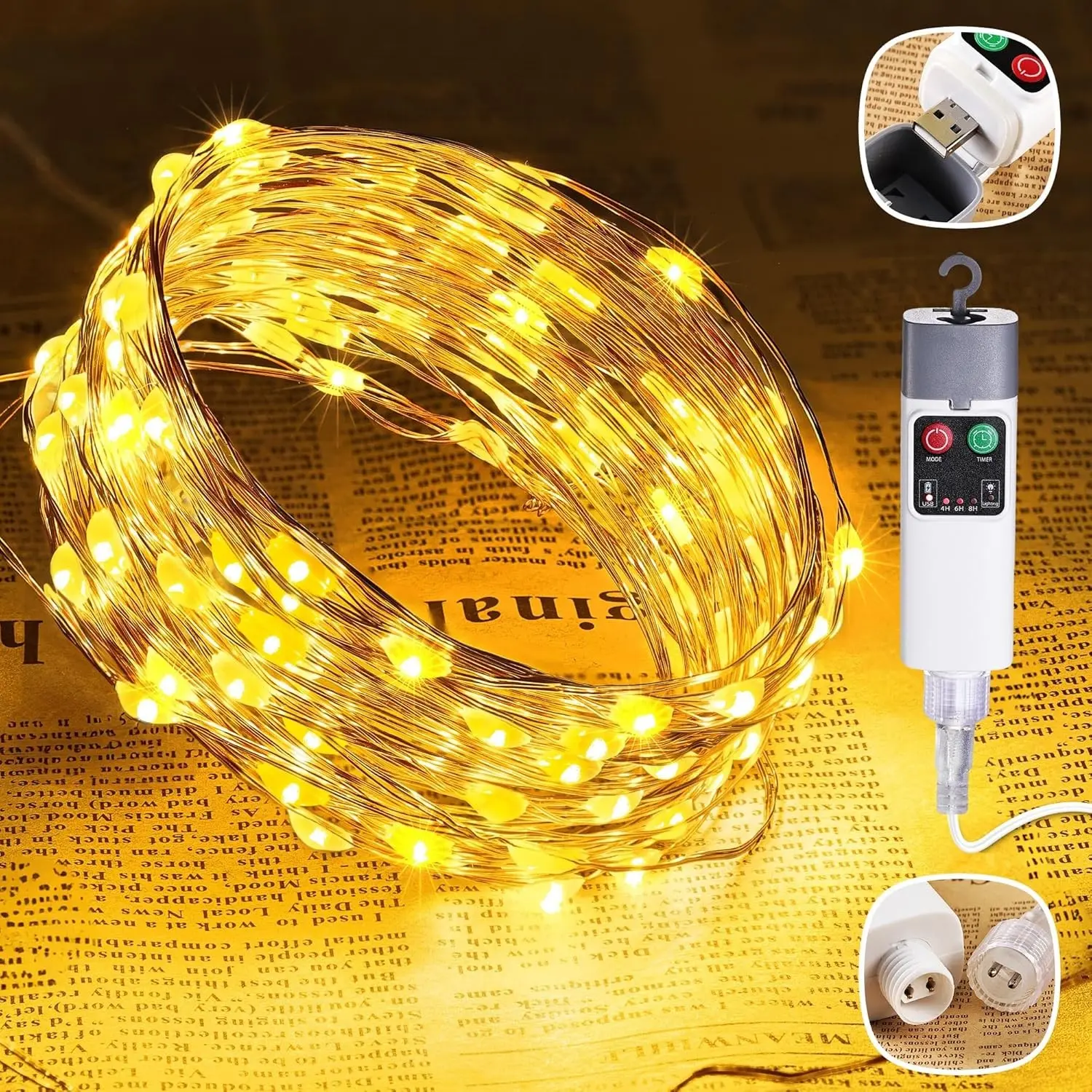 Fairy String Lights, 33FT 100LED Rechargeable Copper Wire String Lights with Timer and 13 Modes, Waterproof Portable Camping Lights for Tent, Patio, Bedroom, Outdoor Decor (Warm White)