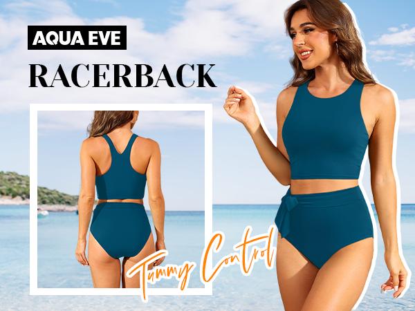 Aqua Eve Women High Waisted Bikini Set Racerback Swimsuit Two Piece Bathing Suit High Neck Swimwear Tankini Outfit Activewear