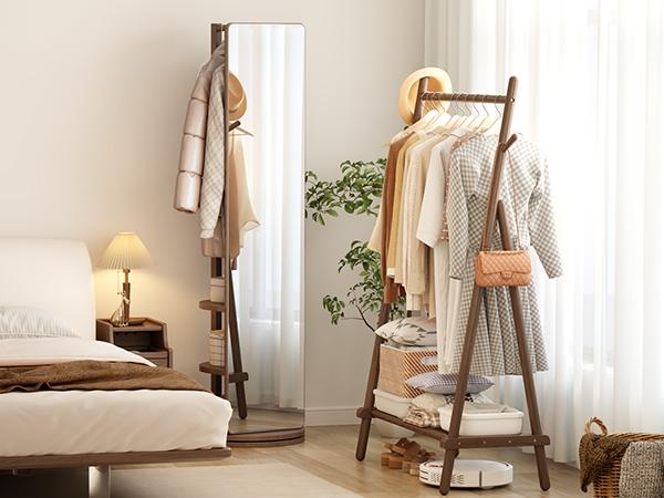 Solid Wood Clothes Rack, Clothing Rack with Shelf and Hook, Sturdy and Portable, Garment Rack for Hanging Clothes,Coats,Skirts,Shoes,Bags,Easy to Assemble (Walnut)