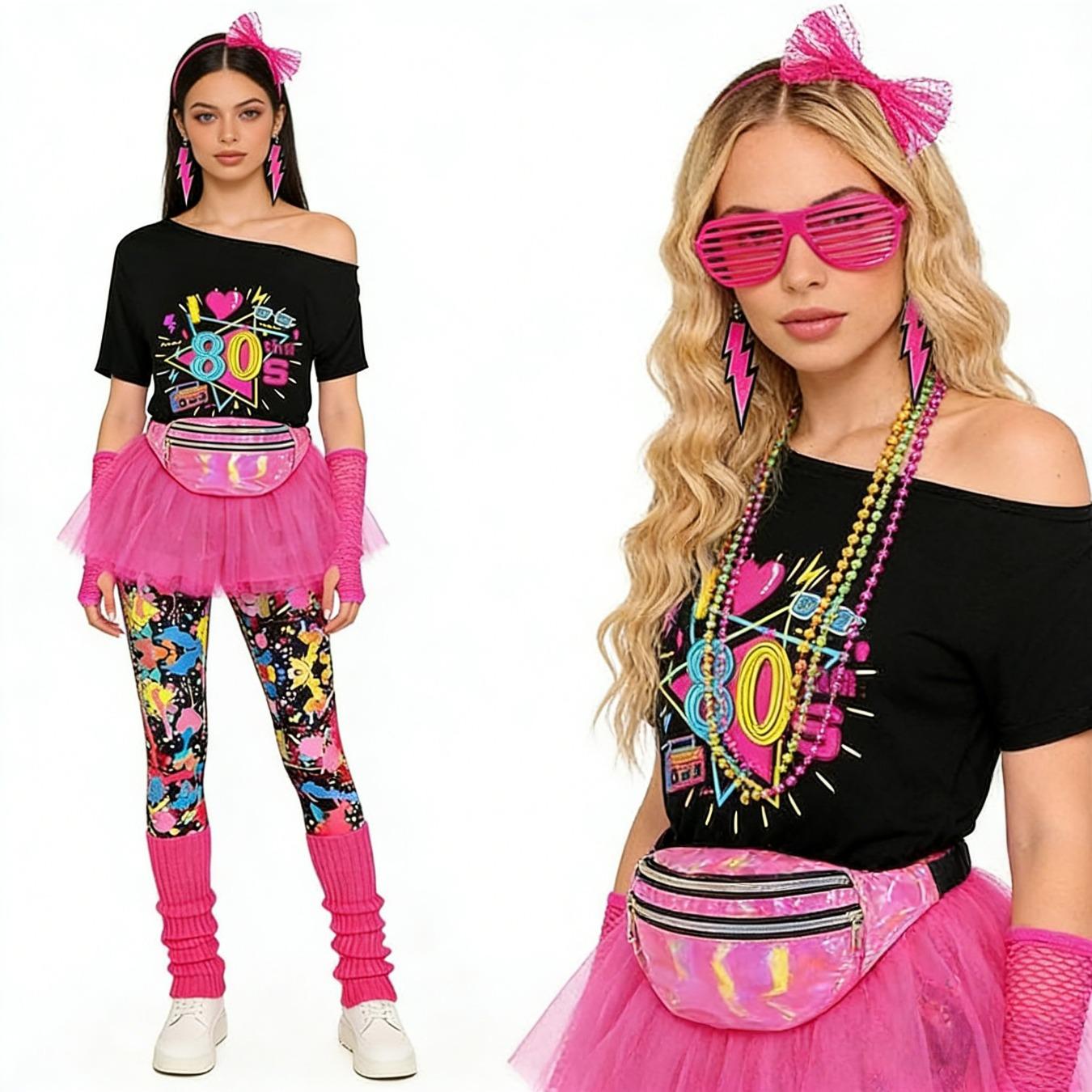 80s Drop Shoulder T-Shirt Tutu Skirt Leopard Skinny Pants Costume Set With Waist Bag Headband Necklace Bracelet Earrings Foot Covers For Bar Music Party Stage Performance