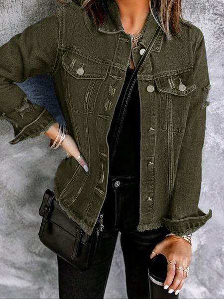 Women's Fall Winter Washed Denim Jacket Coat, Vintage Ripped Long Sleeve Jacket, Casual Autumn Winter Outerwear