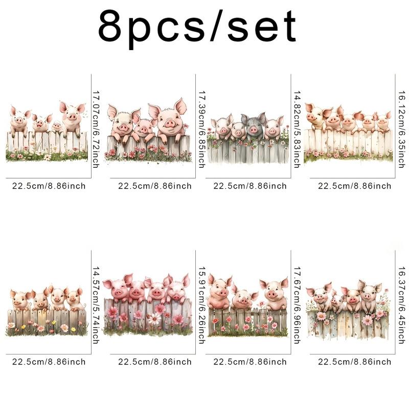 8Pcs Cute Pig DIY DTF Transfer Stickers Washable Heat Transfer Design Iron-On Patches for Tshirt Mask Jeans Backpack Crafts Accessories