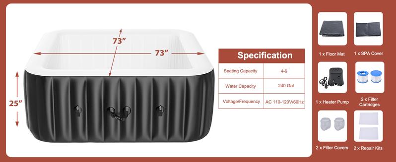 MOPHOTO Inflatable Hot Tub, 73"X73"X25" Portable Blow Up Hot Tub for 4-6 Person, Square Outdoor Spa with 130 Bubble Jets and Heater Pump, Filter Durable inflatable pool