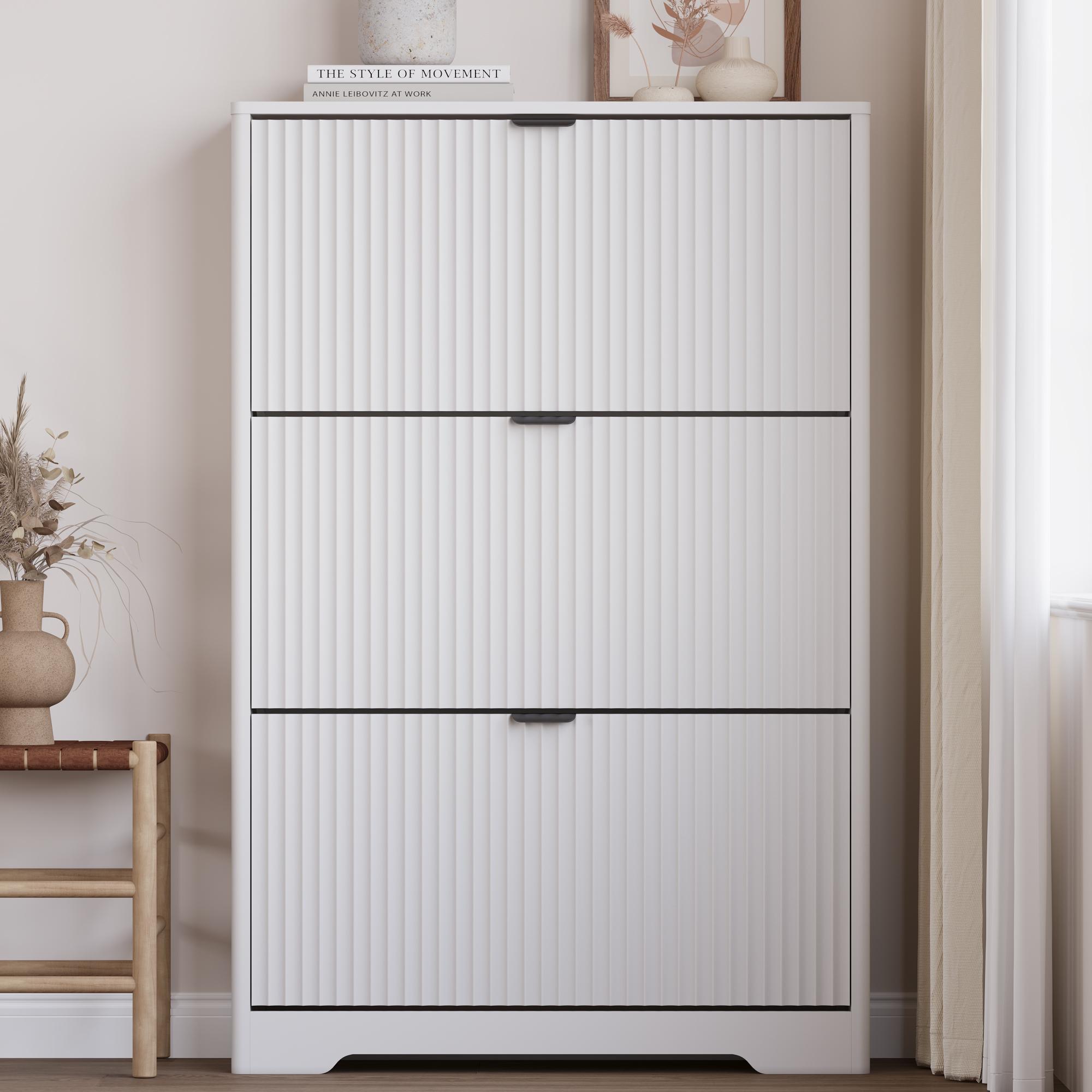 Natural Finish Shoe Cabinet Storage for Entryway with 3 Flip Drawers, Black Fluted Shoe Cabinet with Adjustable Shelves, Wooden Hidden Shoe Rack Freestanding Narrow Slim Shoes Storage for Hallway, Entrance