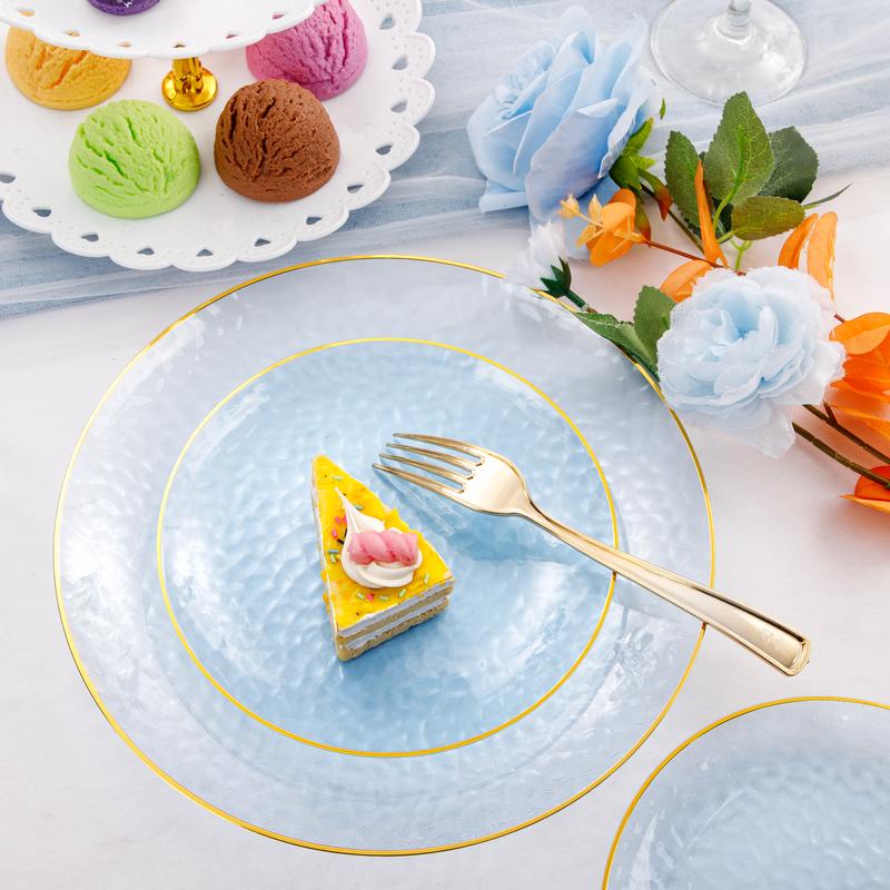 Gold/Blue/Pink/Yellow/Green Disposable Plates and Silverware Set: Dinner Plates,Dessert Plates, Cups,Napkins,Knife, forks, spoons 25 for each kind-Perfect for Party
