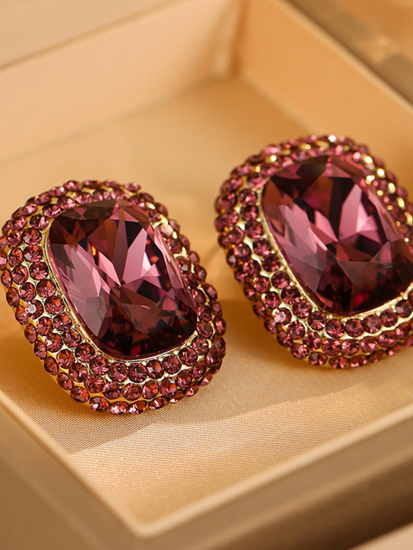 Women's Hypoallergenic Luxury Cushion Cut Blue Sapphire Crystal Stud Earrings, Gold Plated Halo Rhinestone Inlaid Statement Earrings for Evening Party Wedding Formal Wear & Gift