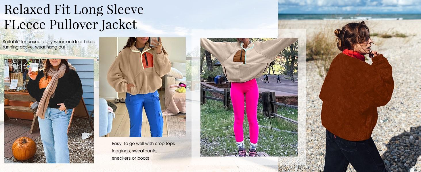 UANEO Women's Lightweight Fleece Pullover Jacket Cropped Fall Winter Fuzzy Sherpa Jacket Sweatshirt Coat with Pockets Casual Long Sleeve Womenswear