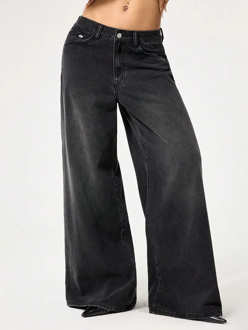 High Waist Black Washed Baggy Wide Leg Oversized Jeans for Women, Red Tribal Cross Embroidery Loose Fit Urban Hip Hop Denim Pants, Trendy Streetwear Trousers for US & Latin Girls Daily Casual Outfits