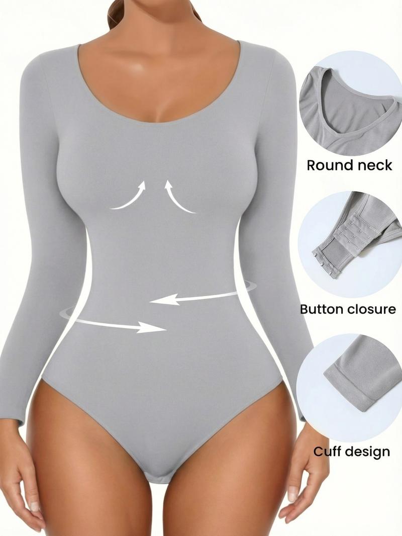 Women's Ribbed Abdomen Control Bodysuit, Long Sleeve Seamless T-Shirt, Comfortable Scoop Neck Bodysuit Stretchy Basic Tops, Fit Soft Elastic Fabric, Perfect for Daily Wear and Going Out, Shapewear for Fall&Winter