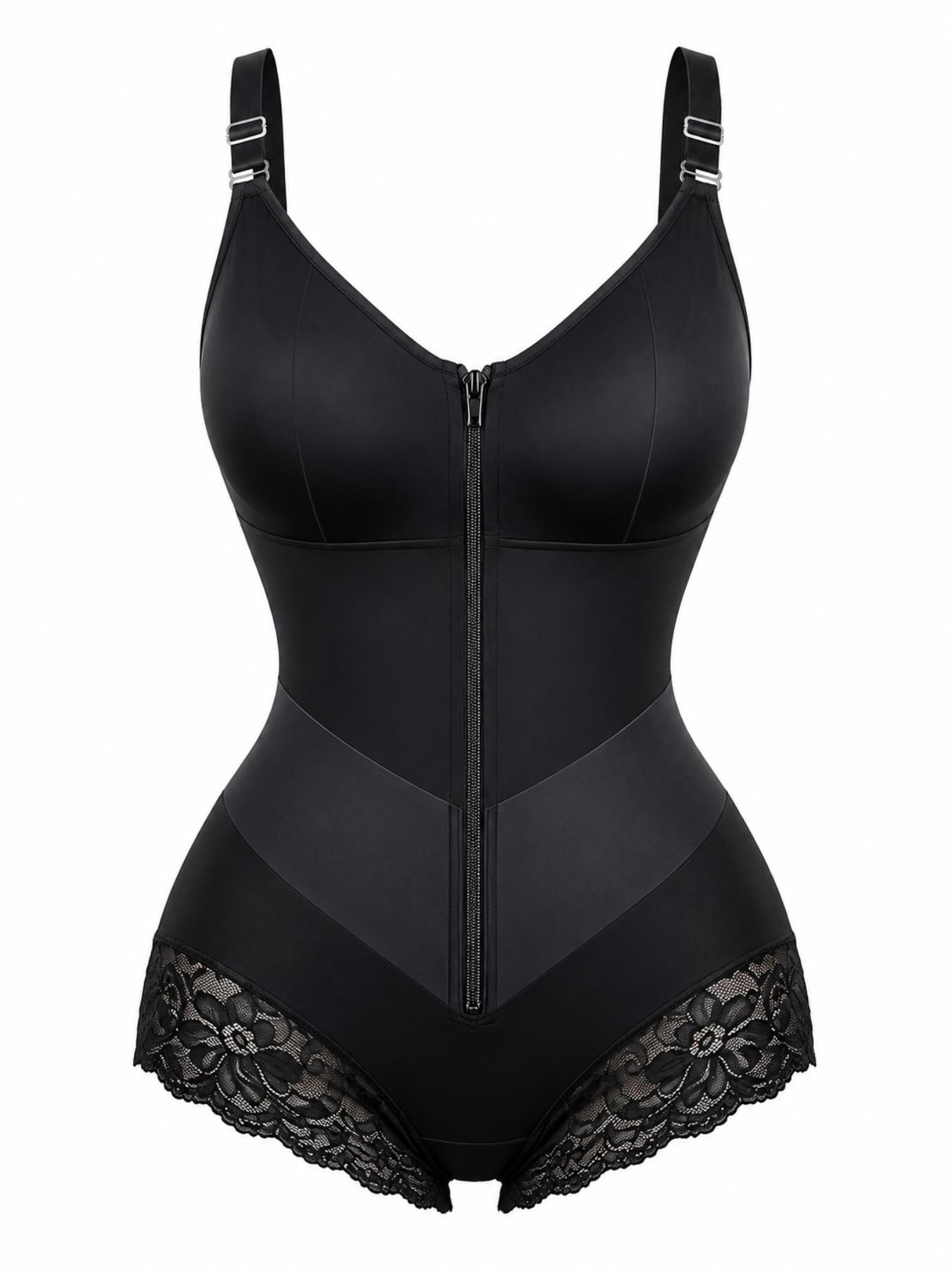 Colombian Shapewear, Fajas, Women's Solid Color Lace Trim Anti-Slip Leg Hem Jumpsuit, Front Zipper V-Shaper Belt Shapewear Bodysuit, Natural Lift Body Shaper, Double Compression Contouring Romper, Waist Trainer, Suitable For Training Or Sports, Aesthetic