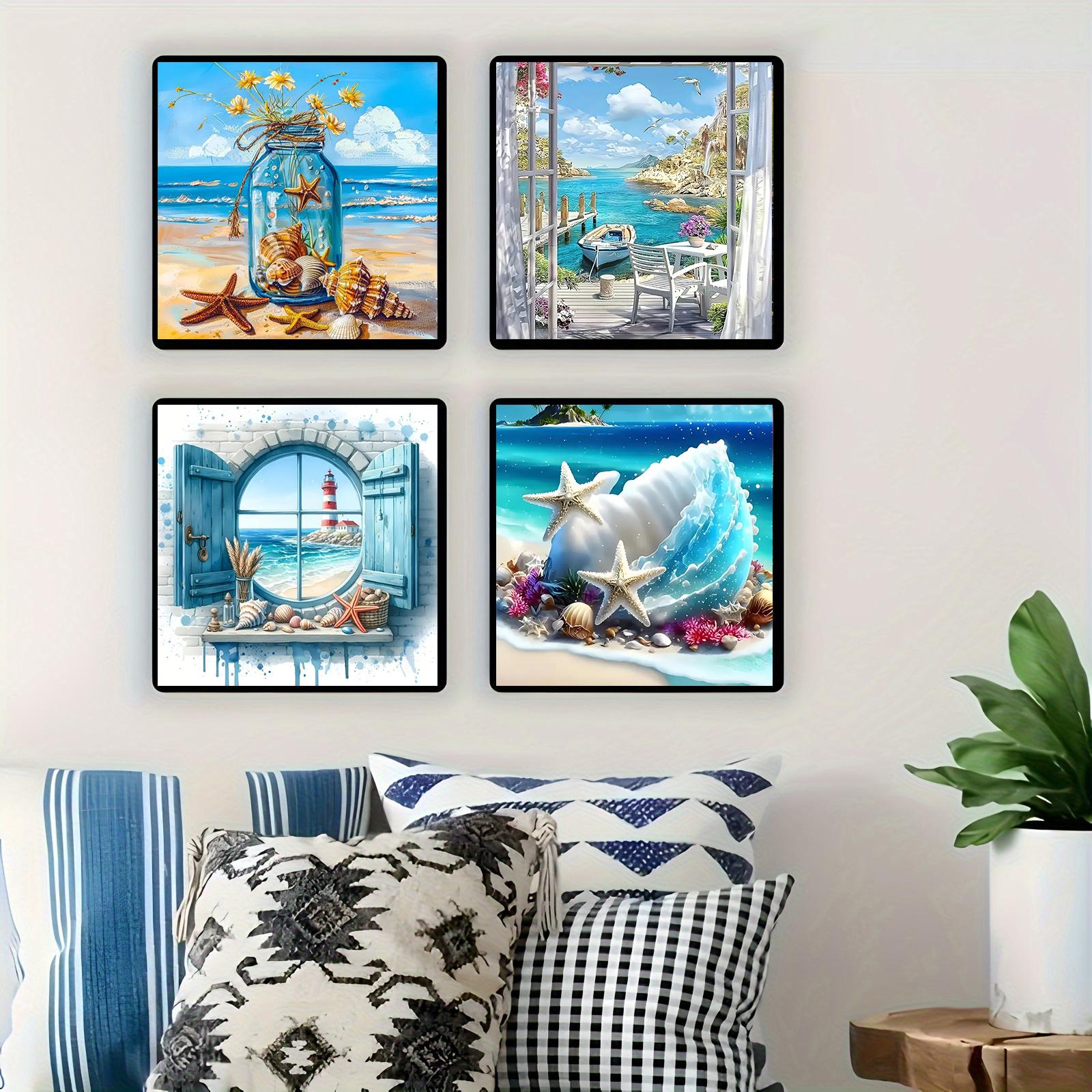 4pcs Beautiful Beach Landscape Diamond Painting Kit, Adult Art Craft Set, DIY 5D Round Drill Home Wall Decor, No Frame, Needle Crafts Kit