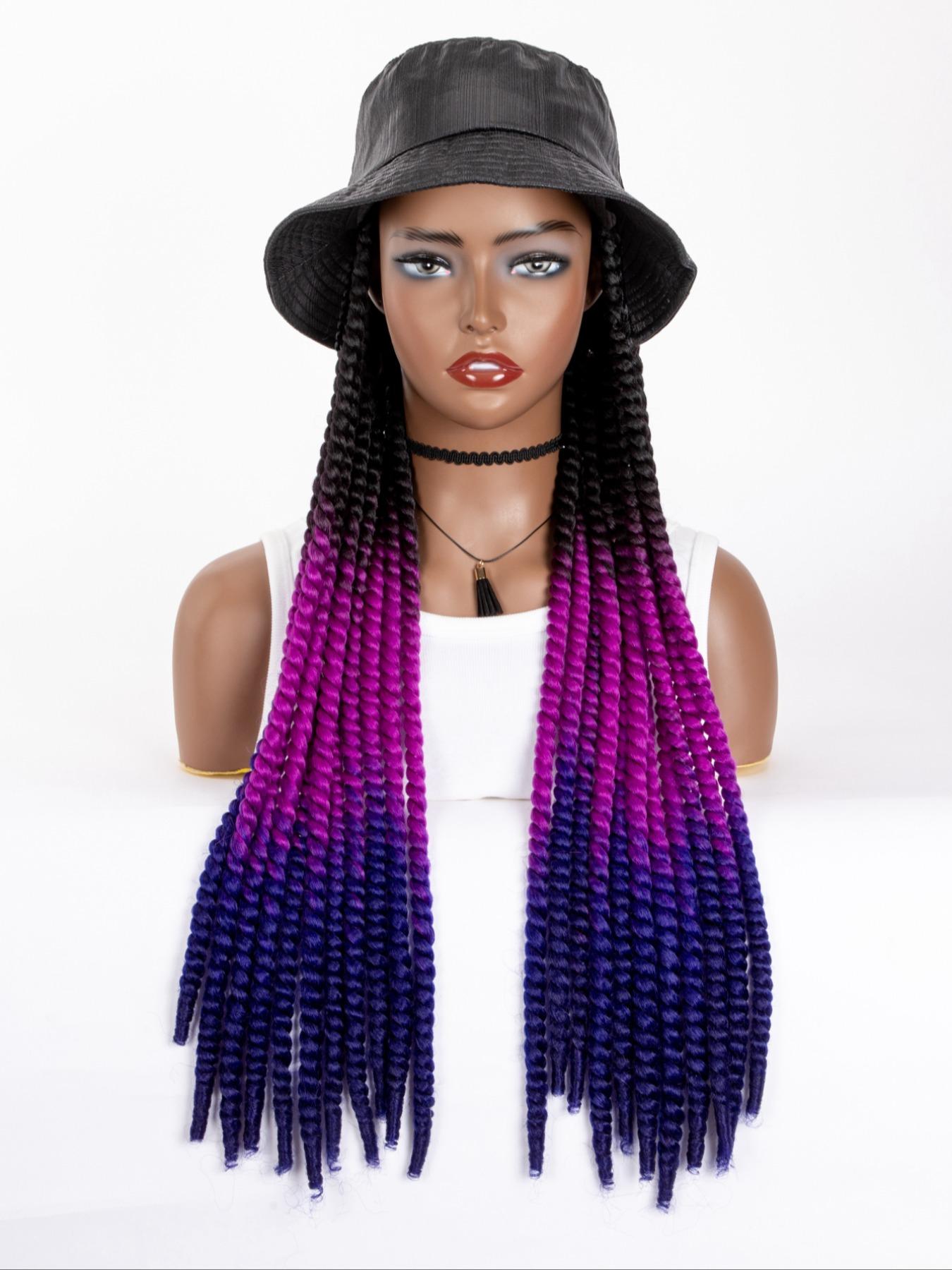 Long Ombre Black Burgundy Synthetic Havana Mambo Twist Braided Hair Extensions Cap Wig Spring Braiding With Bucket Hat