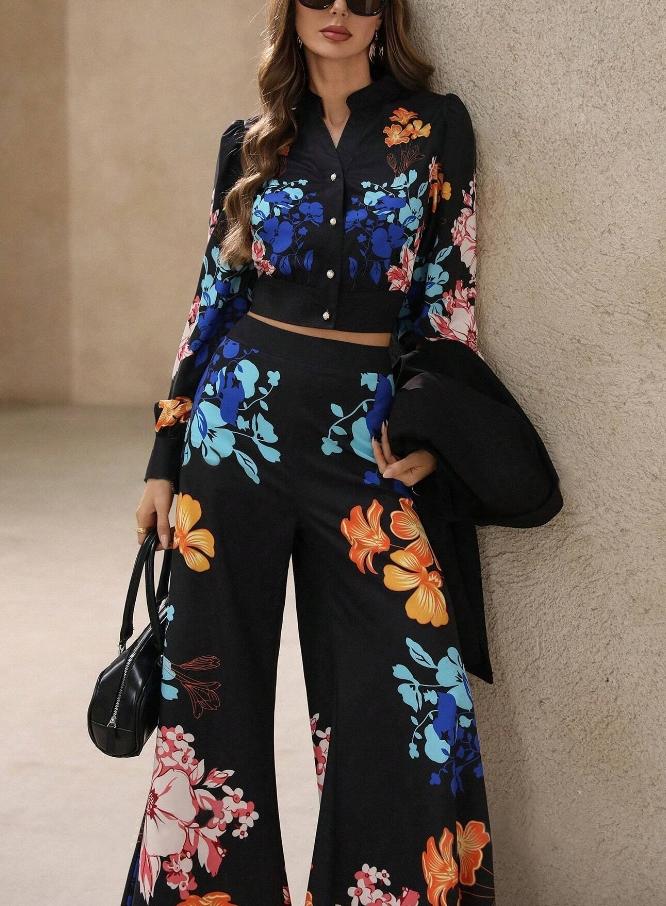 Women's Fashion Floral Print Lapel Bubble Long Sleeve Shirt, Spring Summer Casual Commute Wear, Elegant Daily Chic