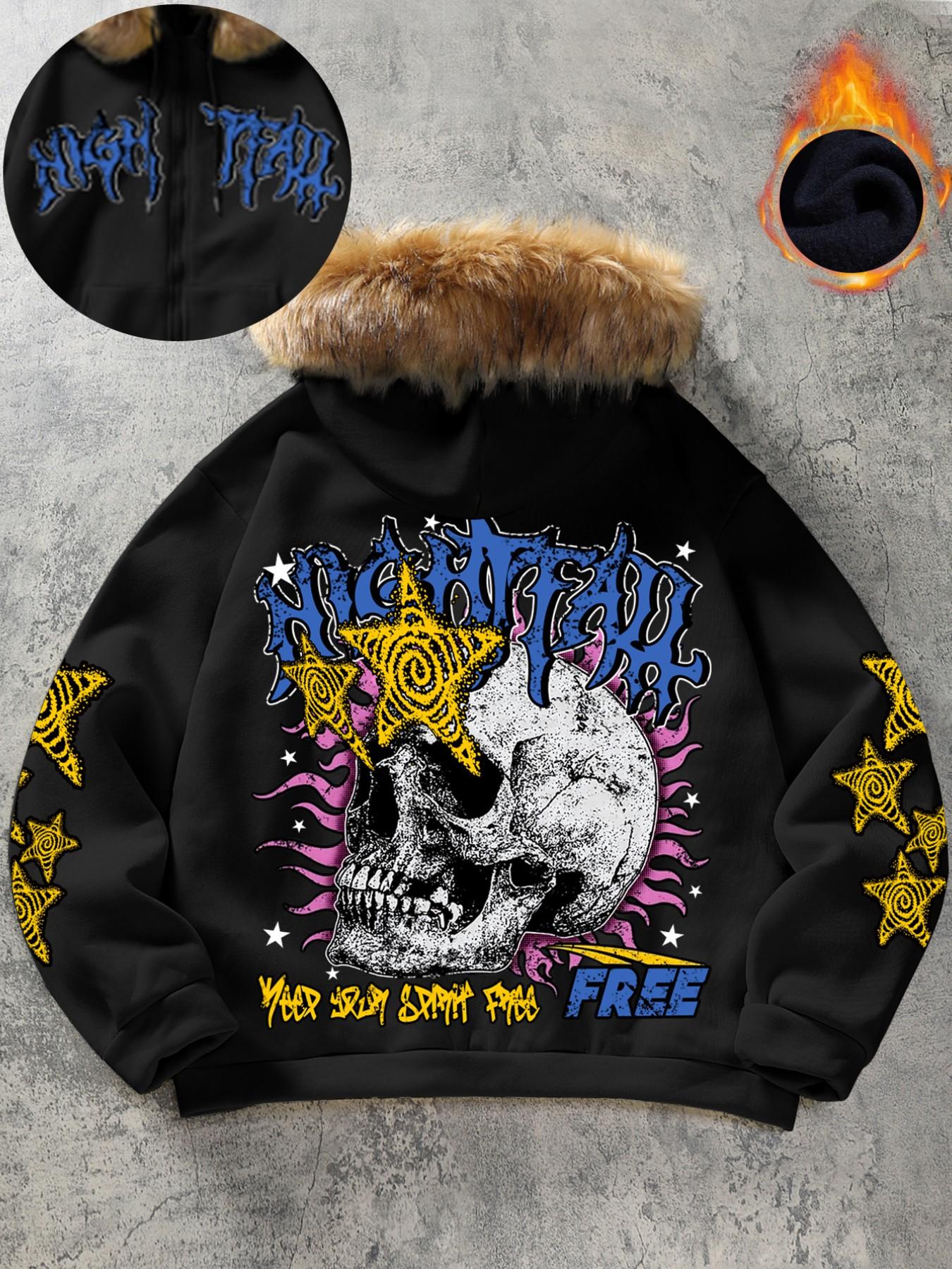 Glitz docking hoodie y2k ダークコア ギャル パンク Men's Y2K Gothic Skull Graphic Zip-Up Hoodie - Faux Fur Trim