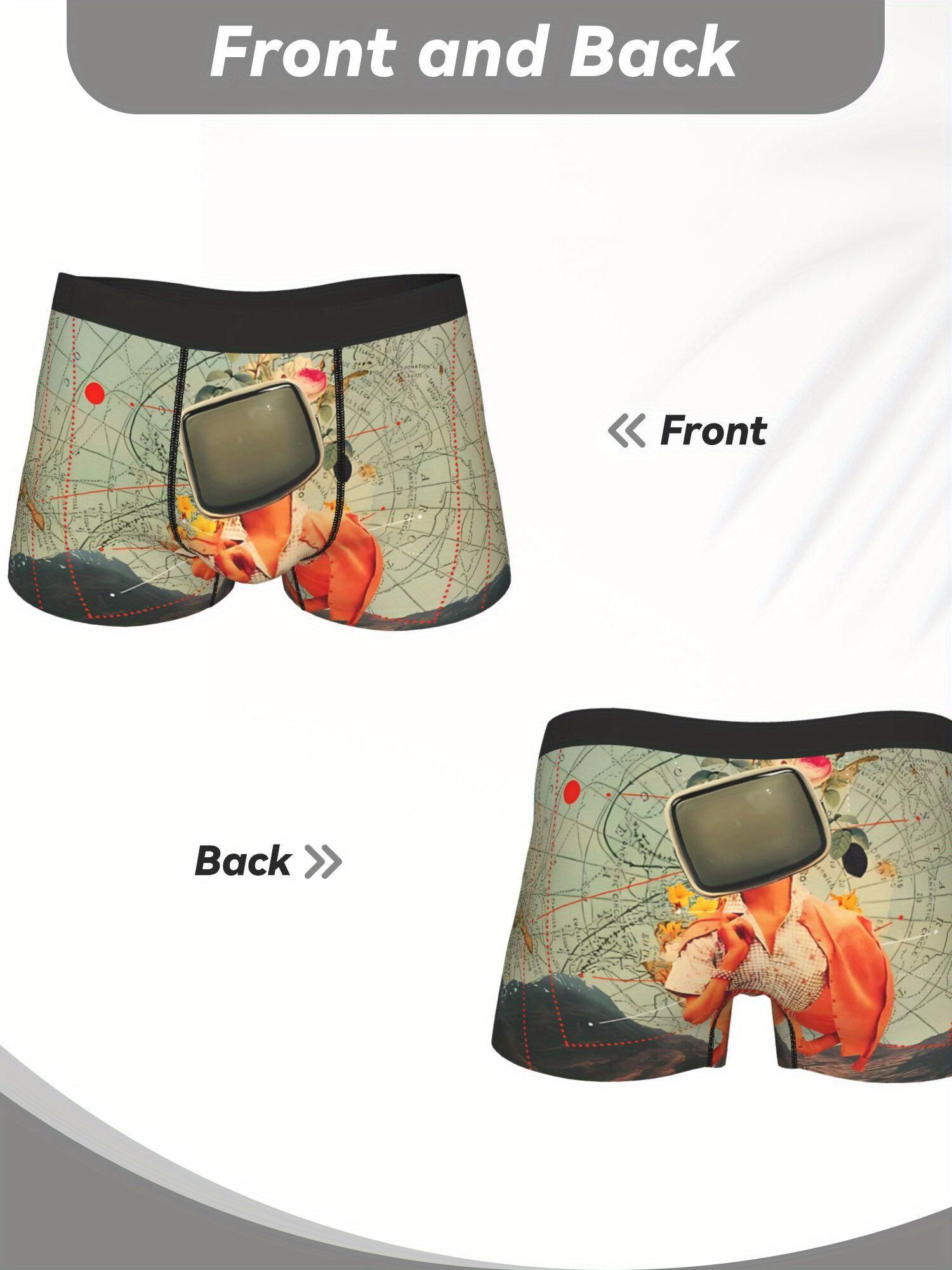 BIIHUDU Men'S Antarctic Broadcast Boxer Briefs - Stretchy Polyester Underwear with Satellite Dish & Floral Print, Comfort Fit