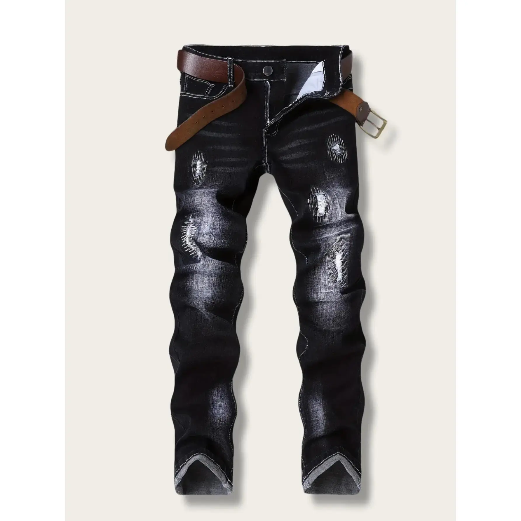 Men's Slim Fit Ripped Flared Leg Jeans - Dark Blue Stretch Denim with Stacked Design, Casual Halloween Fashion Apparel Pants for Menswear, Ripped Jeans, Flared Leg Design, Christmas, Embroidery, Valentines Day, Stylish, Stacked Flare, Chic, Tie Dye,