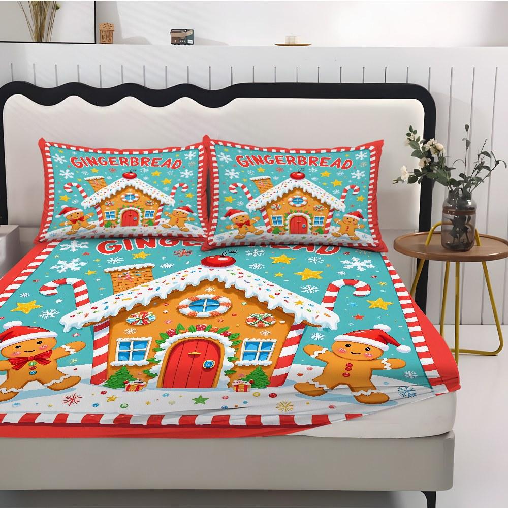 Fitted Sheet 3-Piece Set 2D Flat Gingerbread Man Pattern Mattress Cover (1 fitted sheet + 2 pillowcases, no insert), stylish, soft, and comfortable sheets, skin-friendly and breathable bedding, suitable for family bedrooms and guest rooms, all year round.