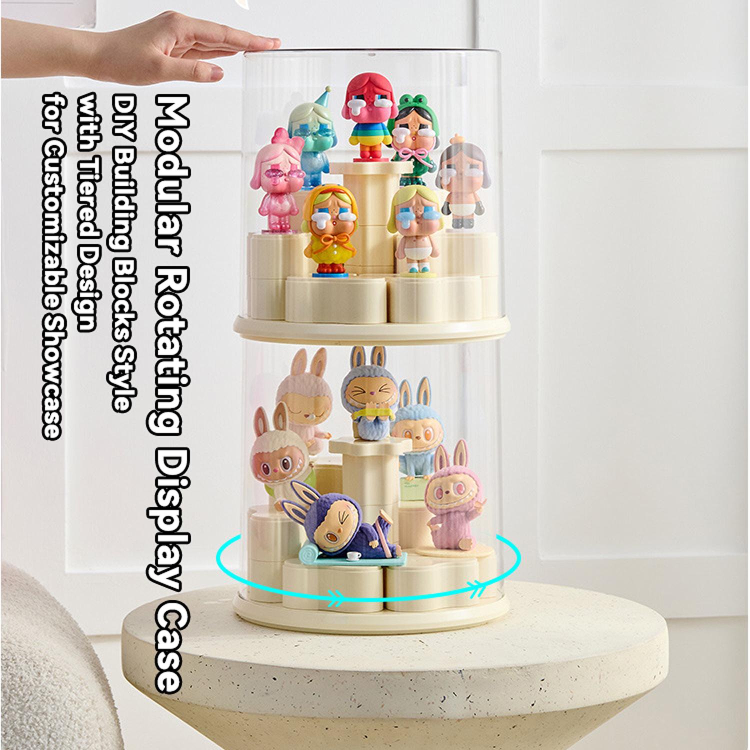 Figurine Display Storage Box with Rotating Base, Transparent Dust Cover, Stackable Cabinet for Pop Mart Labubu Figures, Watches & Jewelry