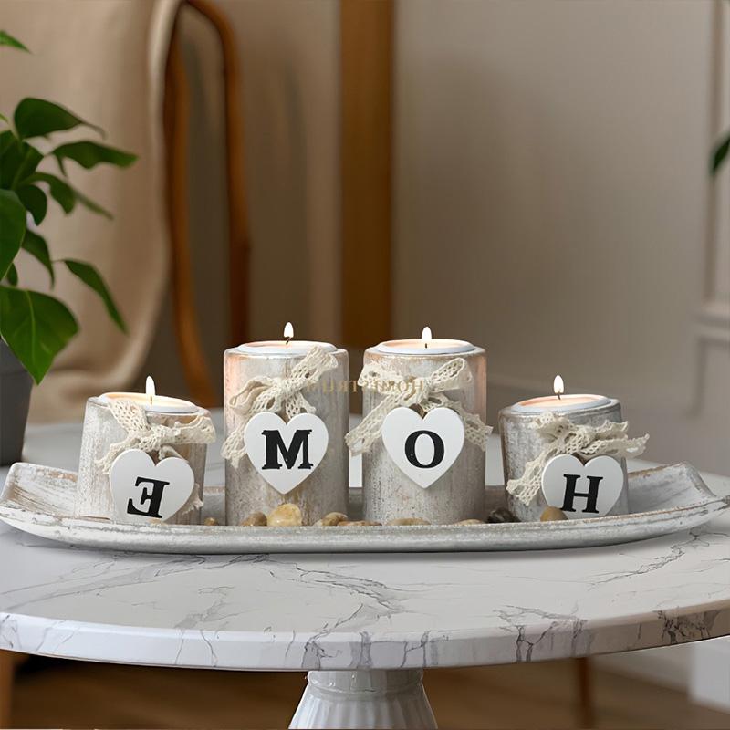 Wooden Candle Holders Centerpieces for Living Room Coffee Table Decorations | Wooden Candles Holders with Wood Tray,Candlesticks for Home Decoration Fireplace Farmhouse Table Kitchen Decor
