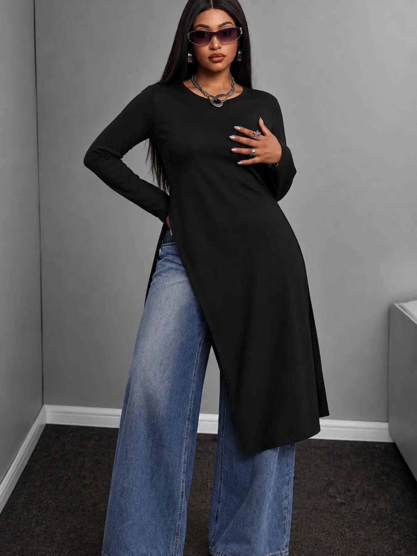 Plus Size Women's Slim Fit Long Sleeve Top, Multi-Color Round Neck Side Drawstring, Fall Fashion, Split Design, Casual Wear