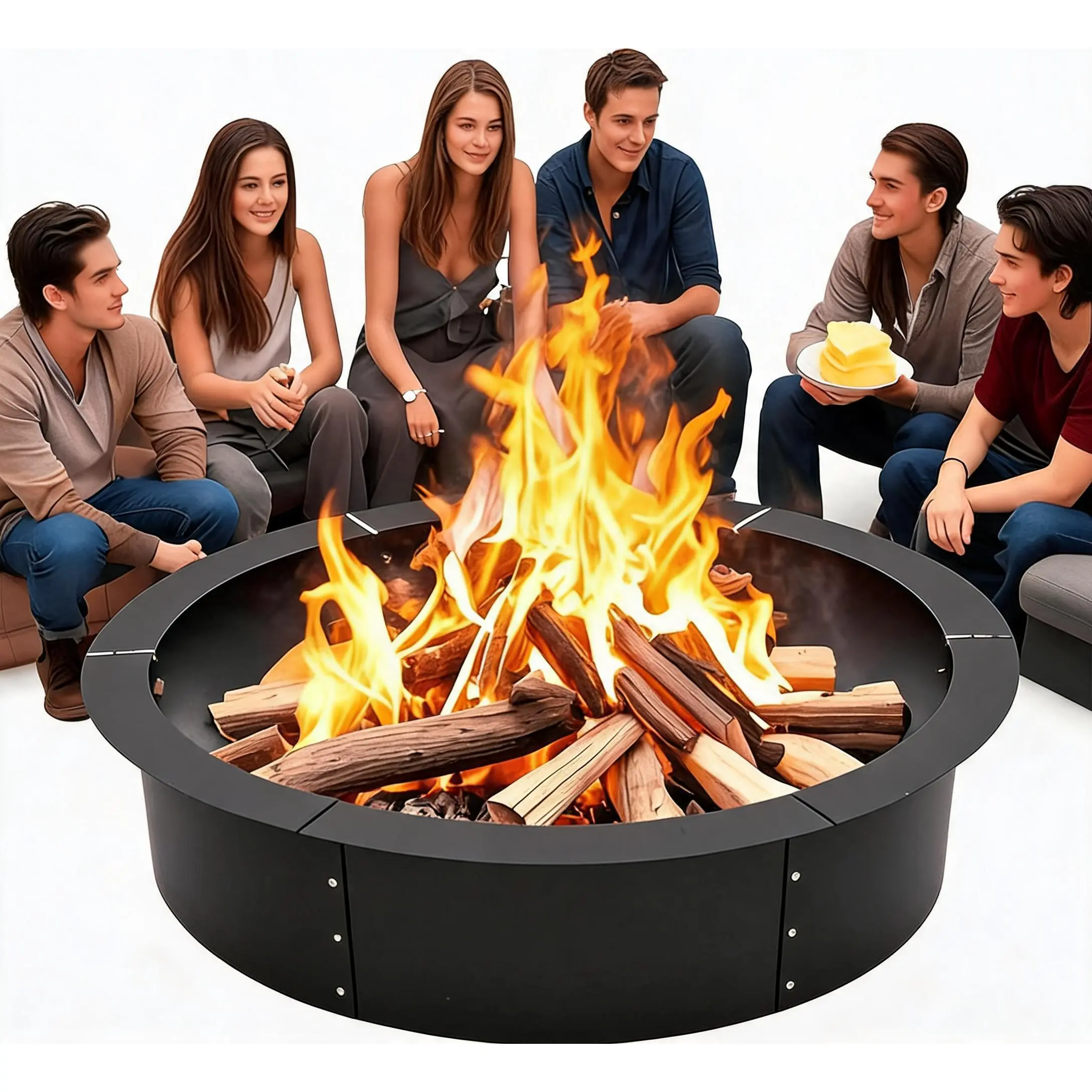 Hosslly 48"-60" Smokeless Fire Pit Ring, Easy-Install Steel Sheets, Vent Holes for Full Wood Burn, Rust-Proof Painted Build, Outdoor/Underground Use for Camping, Garden, Backyard