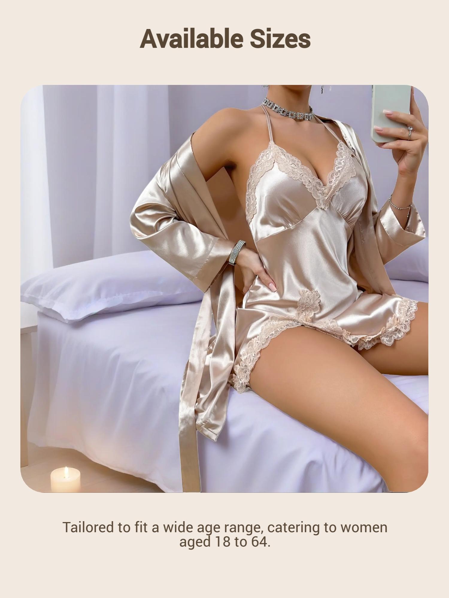 Two-piece Set Women's Solid Belted Satin Robe & Contrast Lace Split Thigh Cami Nightdress, Elegant Comfy Drop Shoulder Long Sleeve Robe & Cami Nightdress Pj Set, Women's Sleepwear for Spring & Fall