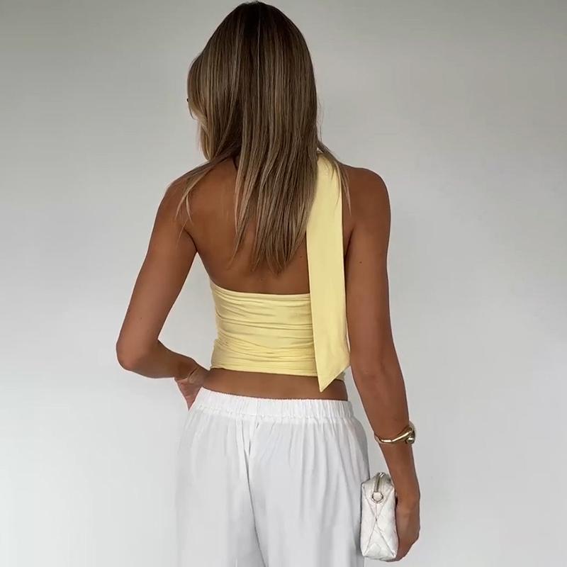 Adjustable Neck Tie Strapless Crop Top with Ruched Side Women's 2025 Fall New Slim Fit Solid Color Essential for Holiday Beach Party & Night Dating Outfits Ladies Casual Sleeveless Short Tank Vest