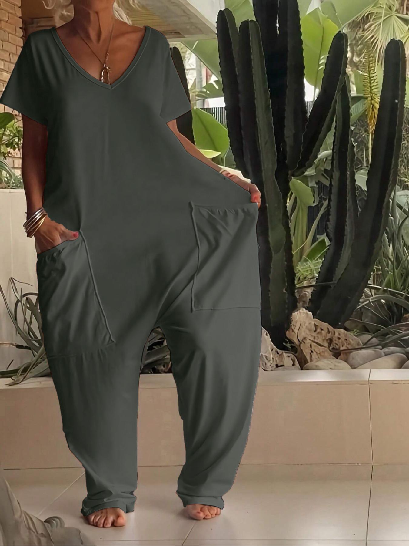 Women's Casual Basic Jumpsuit, Short Sleeve V-Neck Design, Loose Fit Wide-Leg Romper, All Season Wear, Plain Pattern, with Pockets, Womenswear Women's Casual Basic Jumpsuit, Short Sleeve V-Neck Design, Loose Fit Wide-Leg Romper, All Season Wear, Plain Pattern, with Pockets, Womenswear