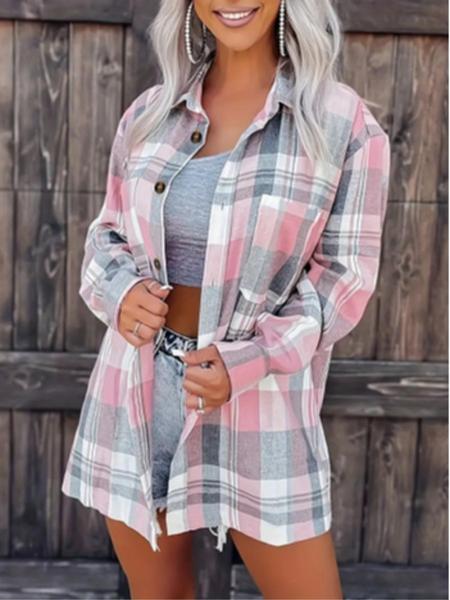 Color Block Plaid Collared Shirt Jacket, Wide Loose Casual Shirt for Everyday Wear, Versatile Layering Top for Women