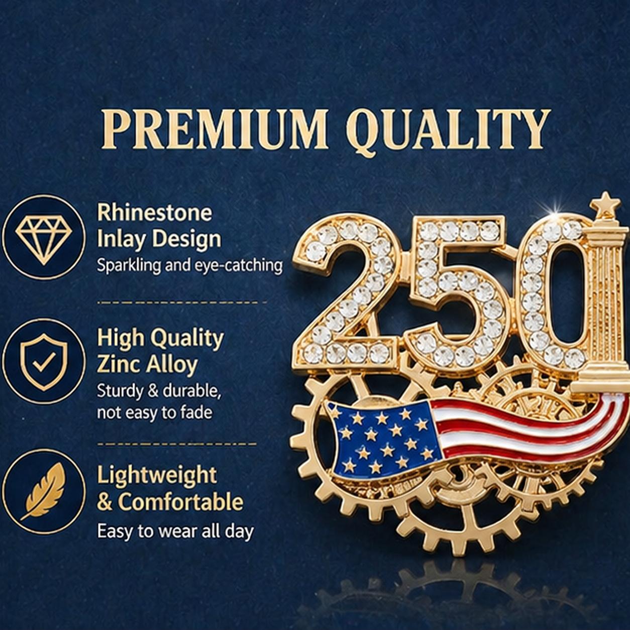 New US 250th Anniversary Memorial Pin for Men and Women - American Patriotic Independence Day Sparkly Zinc Alloy Lapel Pin Accessories for Suits and Coats, Worn on the Collar, Suitable for Festive Occasions - Independence Day, Halloween