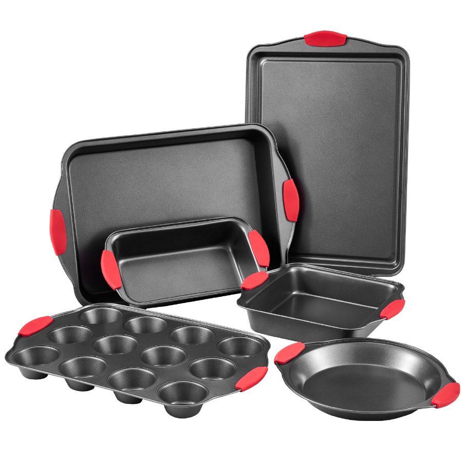 VEVOR Baking Pans Set, 6-Piece, Nonstick Carbon Steel Cookware Sheets Trays, Stackable Kitchen Oven Bakeware Cooking Sets with Silicone Handles, Easy to Clean, for Baking Cookie Cake Muffin Bread