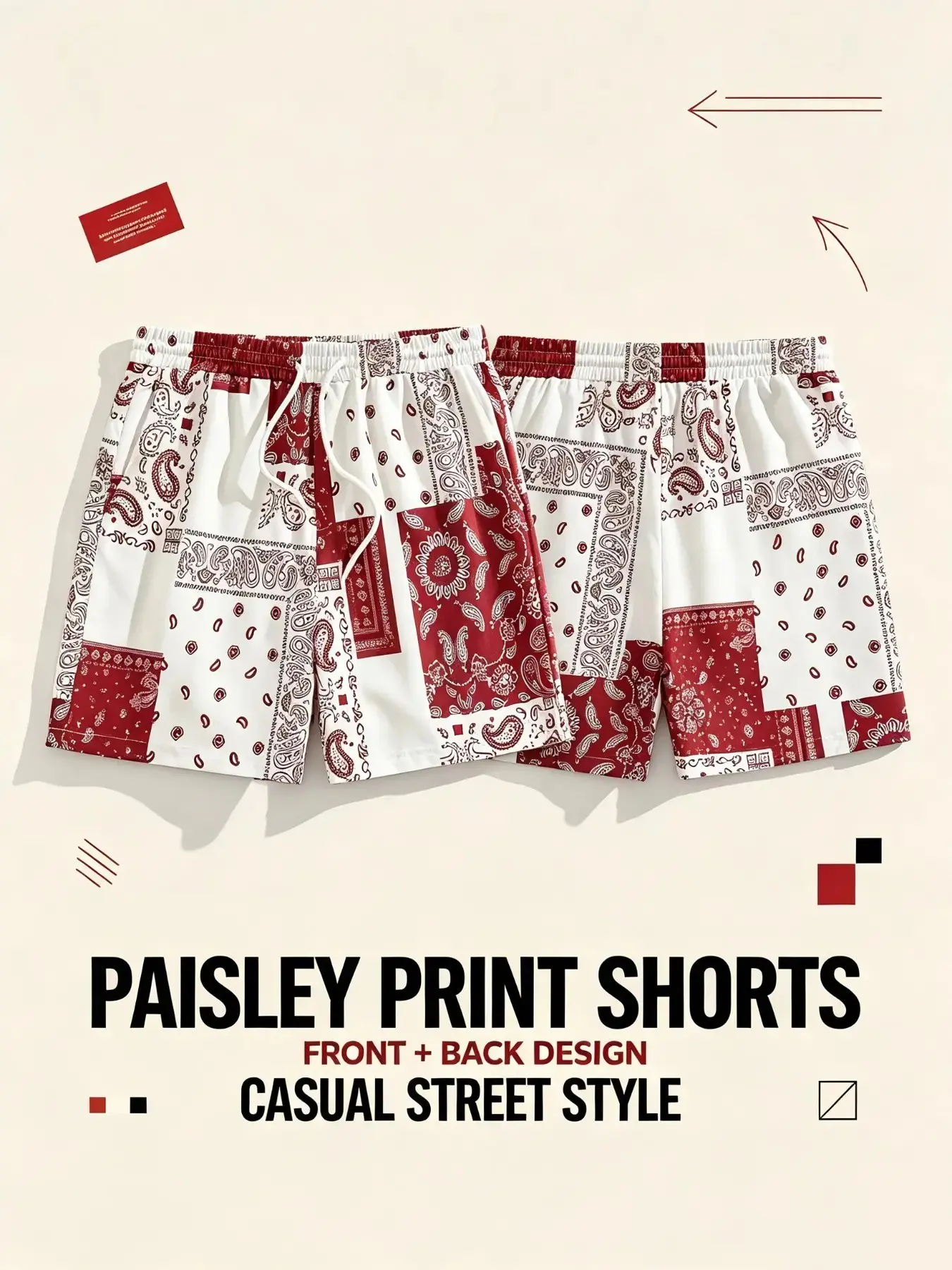 Men's Paisley Floral Patchwork Print Casual Shorts, Drawstring Waist Street Style, Outdoor Sports Summer Daily Wear, Athleisure Street Shorts